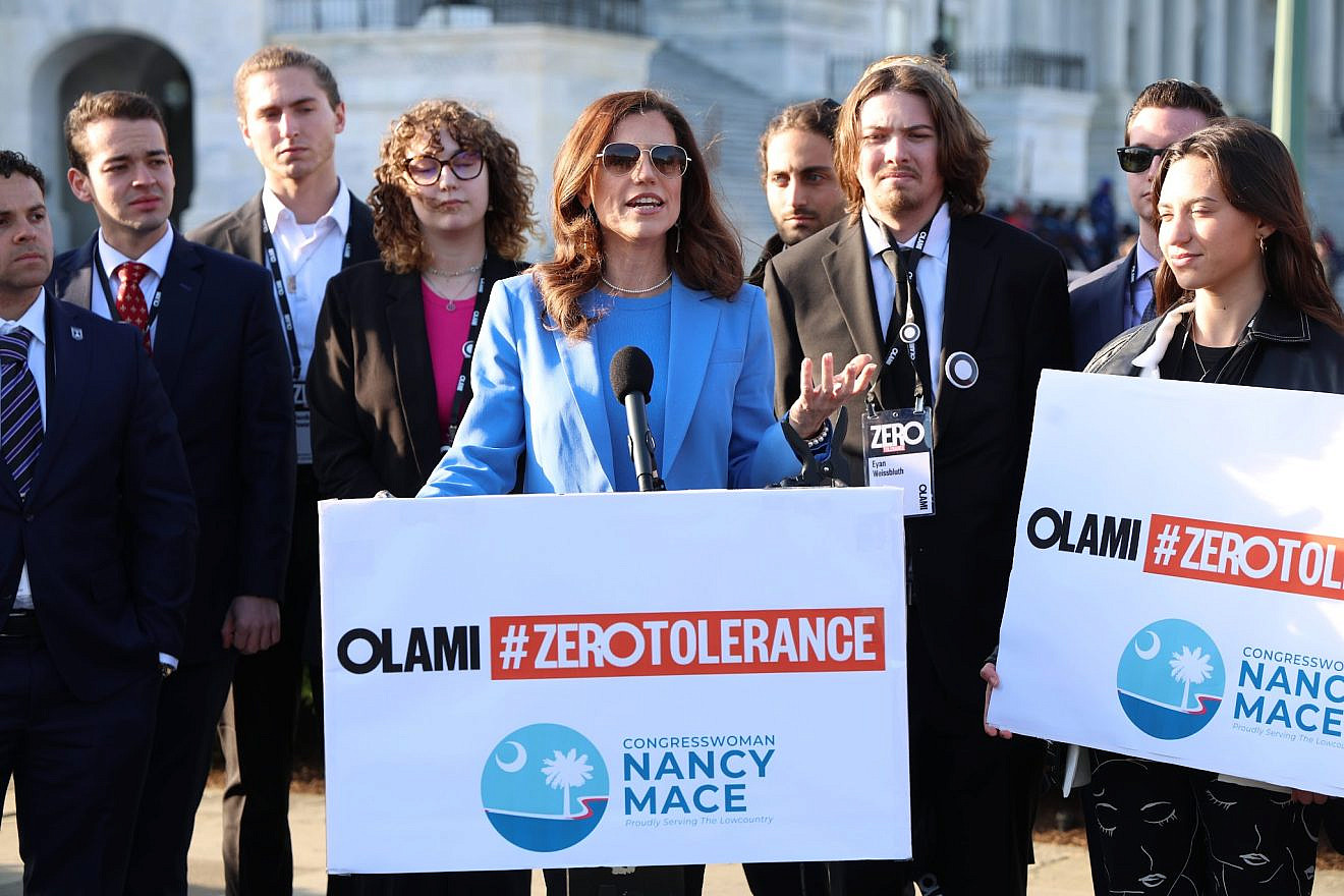 Rep. Nancy Mace (R-S.C.) speaks at a press conference she convened about new regulation on reporting antisemitic incidents on campus outside the U.S. Capitol on March 19, 2024. Credit: Courtesy of Olami.