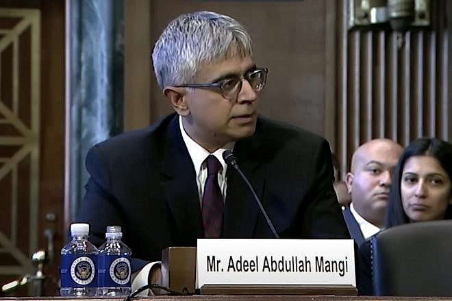 Judicial nominee Adeel Mangi answers a question from Sen. John Kennedy (R-La.) on Dec. 13, 2023. Source: YouTube/Sen. John Kennedy.