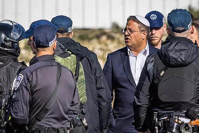 National Security Minister Itamar Ben-Gvir with police at the site of a terrorist attack in Jerusalem in 2023. Photo by Oren Ben Hakoon.