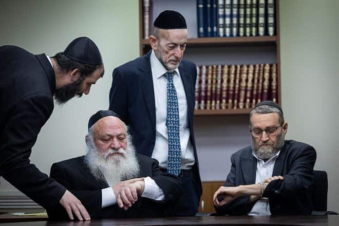 Knesset members Yitzchak Goldknopf (left) and Moshe Gafni during a meeting of the United Torah Judaism Party at the Knesset in Jerusalem, Nov. 21, 2022. Photo by Yonatan Sindel/Flash90.