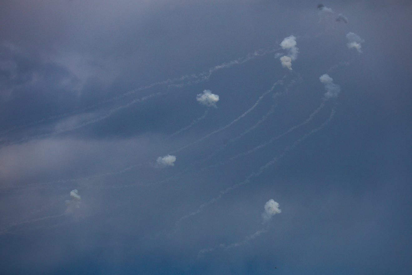 Iron dome anti-missile system fires interception missiles as rockets fired from Lebanon, as it seen from Meron, northern Israel, Feb. 27, 2024. Photo by David Cohen/Flash90.