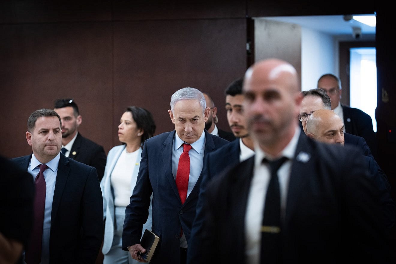 Israeli Prime Minister Benjamin Netanyahu outside his office at the Knesset in Jerusalem, March 13, 2024. Photo by Yonatan Sindel/Flash90.