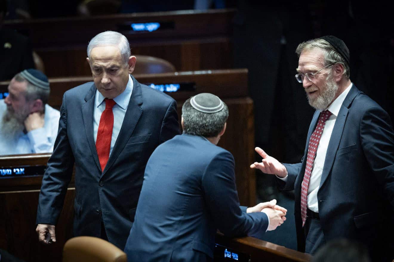 Israeli Prime Minister Benjamin Netanyahu at a vote on the state budget at the assembly hall of the Knesset, the Israeli parliament in Jerusalem, March 13, 2024. Photo by Yonatan Sindel/Flash90.