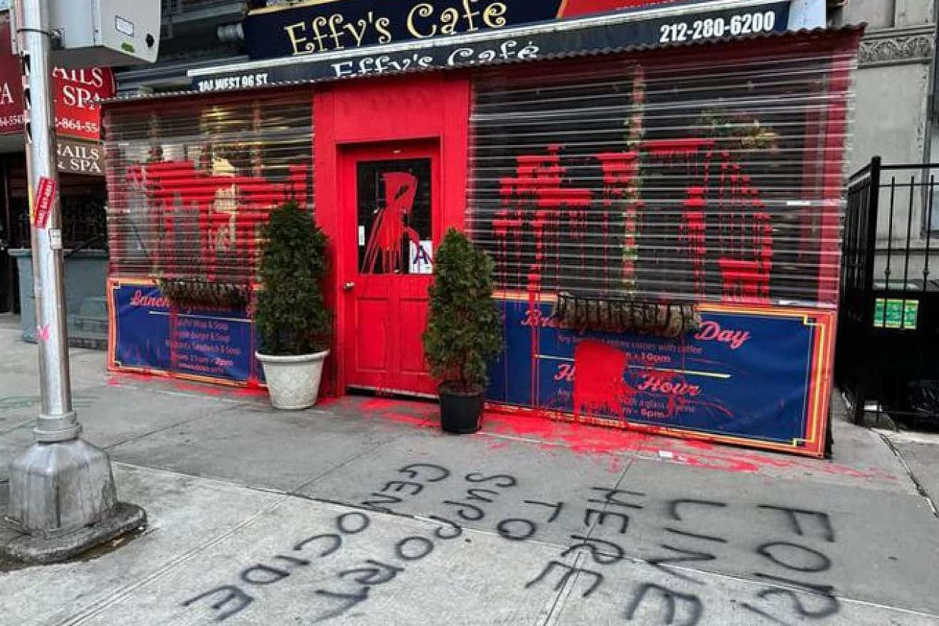 Vandals threw red paint and graffitied the sidewalk at Effy's Café in New York City on March 16, 2024. Source: Screenshot/StopAntisemitism.org.