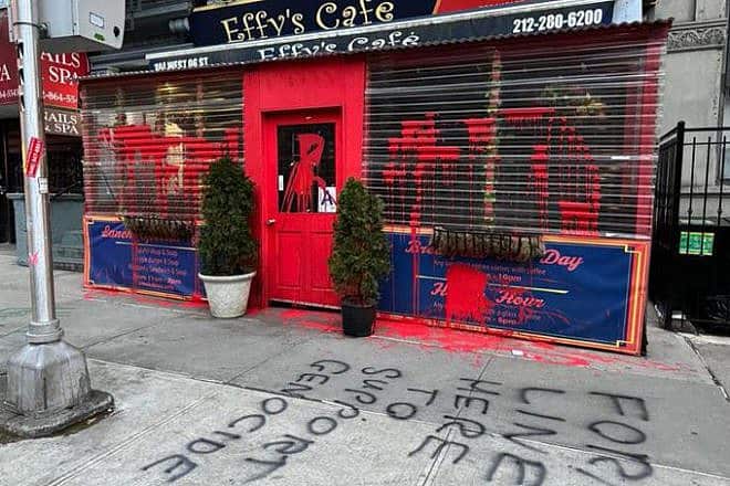 Vandals threw red paint and graffitied the sidewalk at Effy's Café in New York City on March 16, 2024. Source: Screenshot/StopAntisemitism.org.