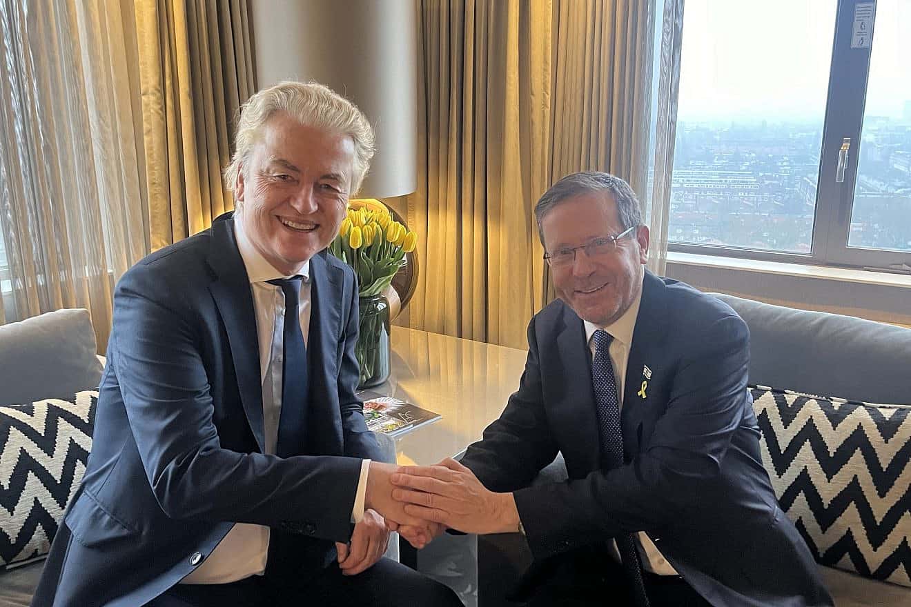 Dutch Party for Freedom leader Geert Wilders (left) meets with Israeli President Isaac Herzog in Amsterdam, March 11, 2024. Credit: Geert Wilders/X.