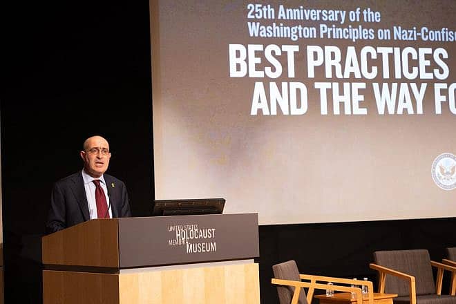 Gideon Taylor, president of the World Jewish Restitution Organization, speaks at the United States Holocaust Memorial Museum in Washington, March 4, 2024. Credit: Courtesy of WJRO.