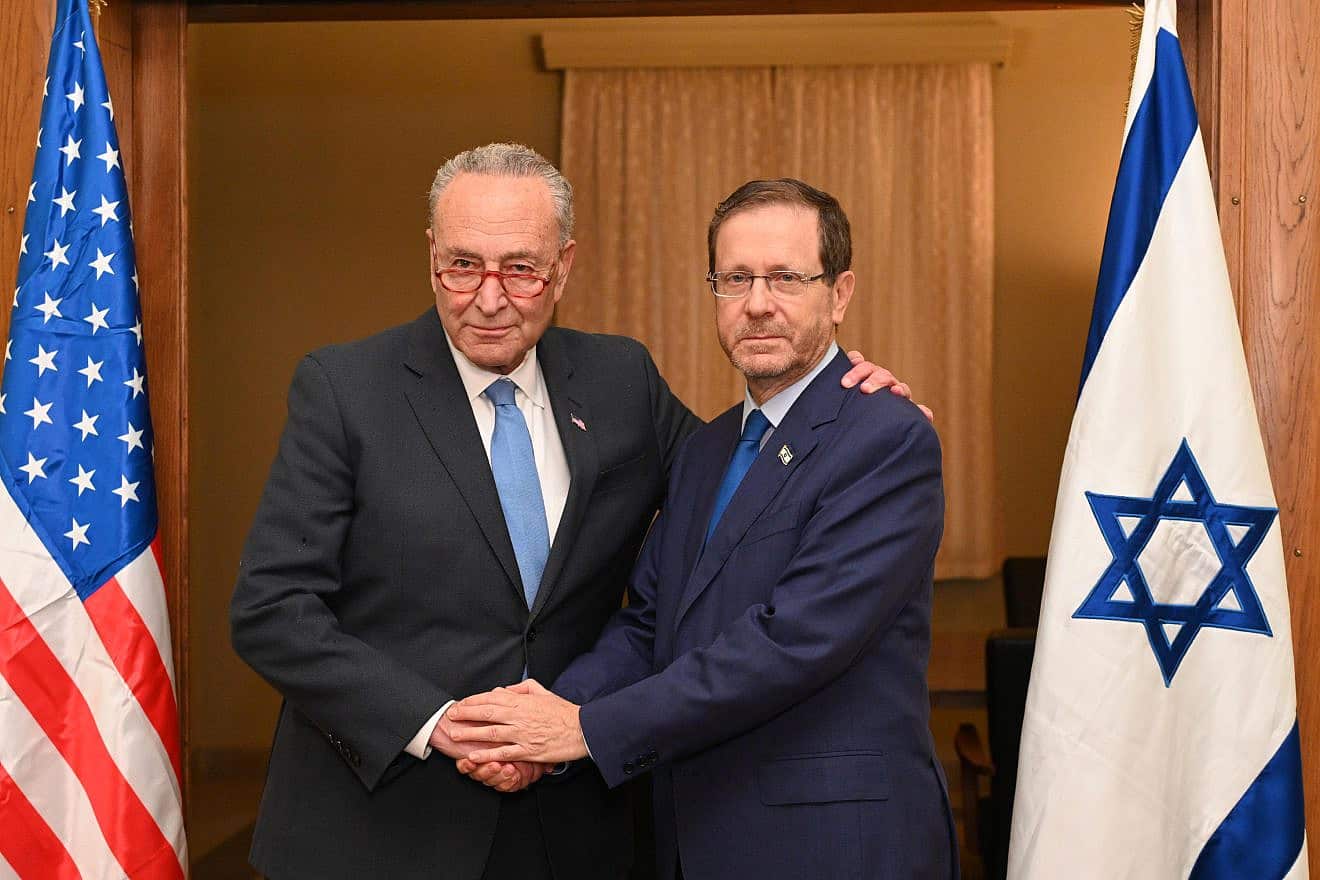 Senate Majority Leader Chuck Schumer (D-N.Y.) with Israeli President Isaac Herzog in Tel Aviv a week after the Oct. 7 Hamas terrorist attacks in southern Israel, Oct. 15, 2023. Credit: Spokesperson's Unit of the Israeli President via Wikimedia Commons.