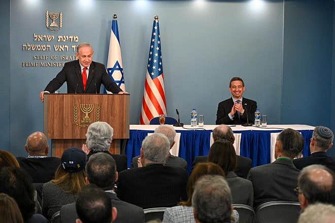Israeli Prime Minister Benjamin Netanyahu addresses AIPAC board members at his office in Jerusalem, March 18, 2024. Photo by Ma'ayan Toaff/GPO.