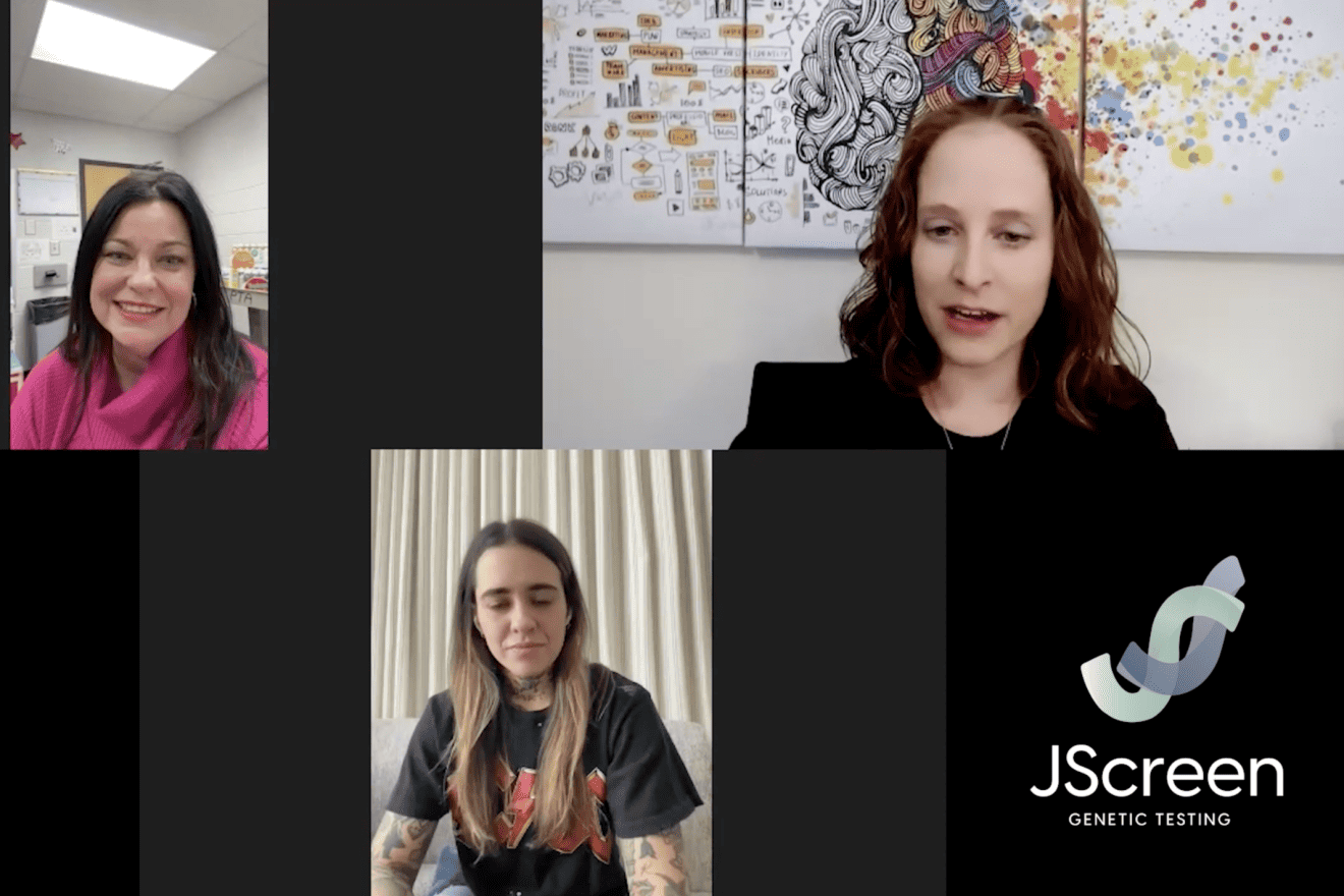 Country music star Morgan Wade (bottom) and her mother Robin Fonville (left) discuss the importance of genetic testing with JScreen cancer genetic counselor Emily Goldberg. Source: YouTube