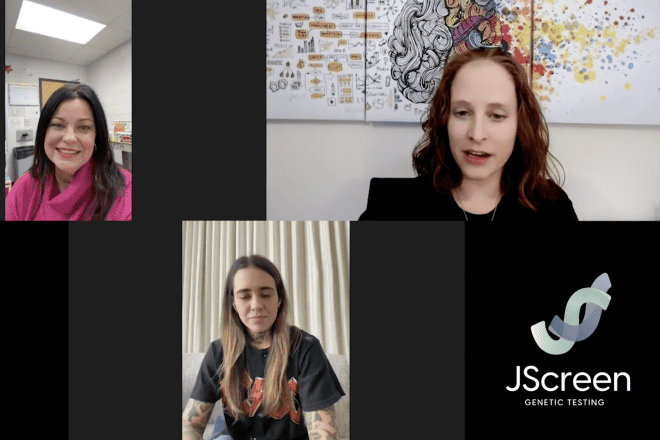 Country music star Morgan Wade (bottom) and her mother Robin Fonville (left) discuss the importance of genetic testing with JScreen cancer genetic counselor Emily Goldberg. Source: YouTube