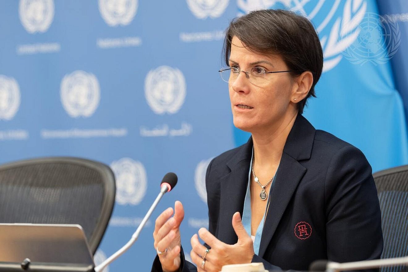 Reem Alsalem, U.N. special rapporteur on violence against women and girls, its causes and consequences, briefs reporters following the presentation of her report to the Third Committee of the UN General Assembly on Oct. 3, 2023. Credit: Rick Bajornas/U.N. Photo.