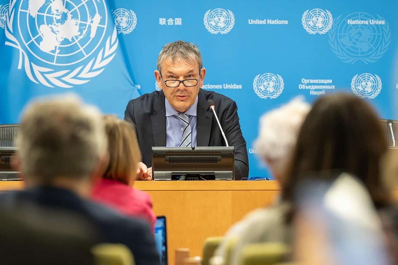 Philippe Lazzarini, commissioner-general of the United Nations Relief and Works Agency for Palestine Refugees in the Near East (UNRWA), briefs reporters at U.N. headquarters in New York City on March 4, 2024. Credit: Mark Garten/U.N. Photo.