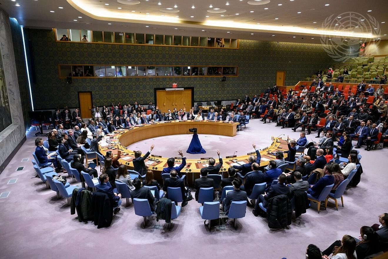The U.N. Security Council adopts Resolution 2728 in a 14-0 vote, with the U.S. abstaining, demanding an immediate ceasefire to Israel's war with Hamas in the Gaza Strip during Ramadan, March 25, 2024. Credit: Loey Felipe/U.N. Photo.