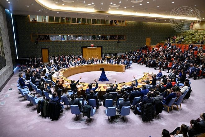 The U.N. Security Council adopts Resolution 2728 in a 14-0 vote, with the U.S. abstaining, demanding an immediate ceasefire to Israel's war with Hamas in the Gaza Strip during Ramadan, March 25, 2024. Credit: Loey Felipe/U.N. Photo.