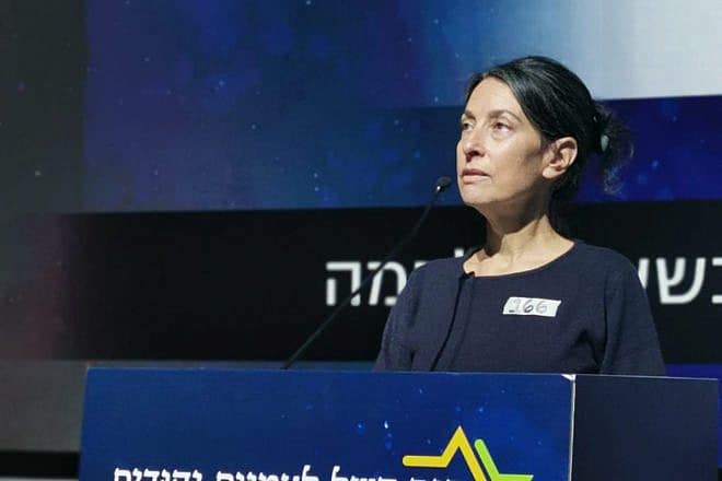 Rachel Goldberg-Polin speaking at the Heschel Conference on Jewish Peoplehood and Israel-Diaspora Relations at the National Library in Jerusalem, March 20, 2024. Photo by Asi Efrati/Tadmi.