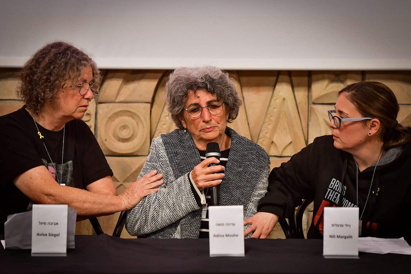 Israeli women who were captured by Hamas terrorists on Oct. 7, dragged into the Gaza Strip and held in captivity before being released months later, hold press conference in Tel Aviv on Feb. 7, 2024. Photo by Avshalom Sassoni/Flash90.