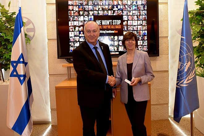 French diplomat Catherine Colonna meets with Israeli Foreign Ministry Director-General Kobi Blitstein in Jerusalem, March 11, 2024. Photo by Yafit Ilyaguyev/Foreign Ministry.