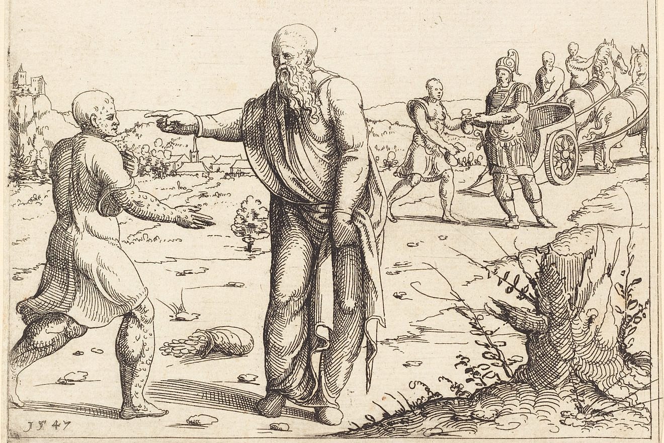 Augustin Hirschvogel’s 1547 etching of the prophet Elisha punishing Gehazi with Na’aman’s leprosy in 2 Kings 5. Credit: Rosenwald Collection, National Gallery of Art, Washington, D.C.