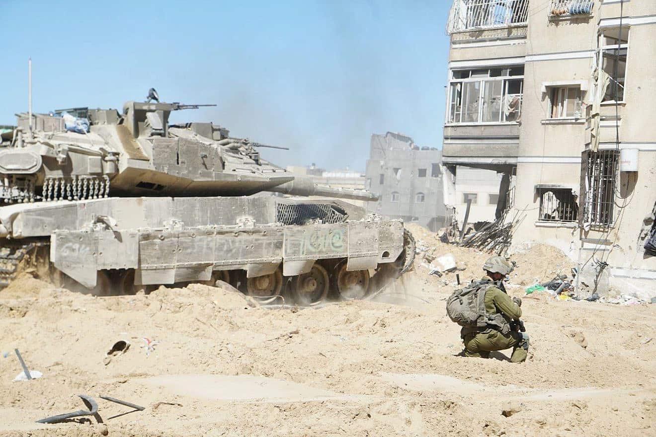 Israeli forces operating in the Qatari-funded Hamad City residential complex in Khan Yunis where Hamas terrorists were entrenched, March 10, 2024. Credit: IDF.