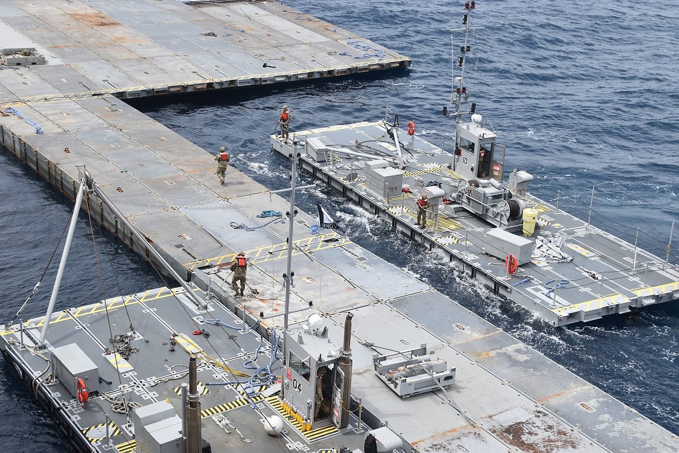 Construction of the floating pier in the Mediterranean. Credit: U.S. Central Command.