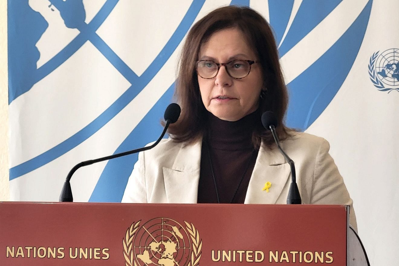 Meirav Eilon Shahar, Israeli ambassador to the United Nations in Geneva, talks with reporters on April 5, 2024 outside the U.N. Human Rights Council. Credit: Nathan Chicheportiche/Israel in Geneva.