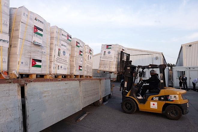 A warehouse with humanitarian aid bound for the Gaza Strip, at the Jordanian Hashemite Charity Organization in Amman, Jordan, on April 30, 2024. Credit: Chuck Kennedy/U.S. State Department.