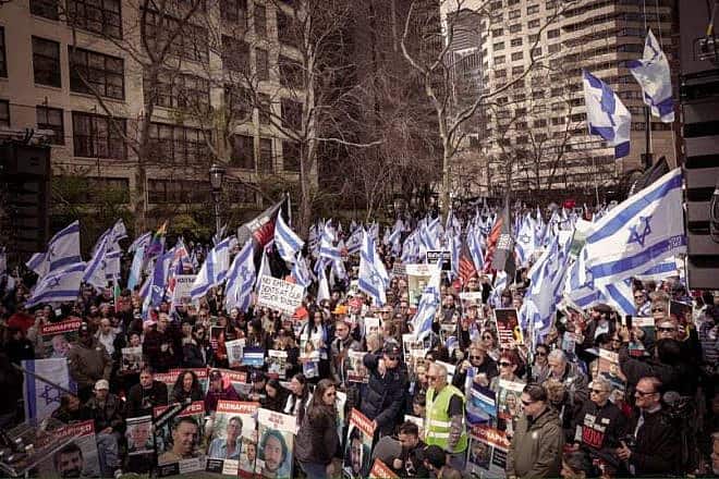 A demonstration in New York at the U.N. headquarters calling for the return of the hostages being held by Hamas in Gaza, April 7, 2024. Credit: Hostage and Missing Families Forum.