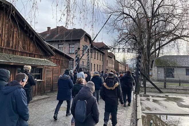 Students from Drexel University and other colleges take part in a winter mission to Poland, where they toured the grounds of the Auschwitz concentration camp, January 2024. Credit: Courtesy of Andrew Galitzer.