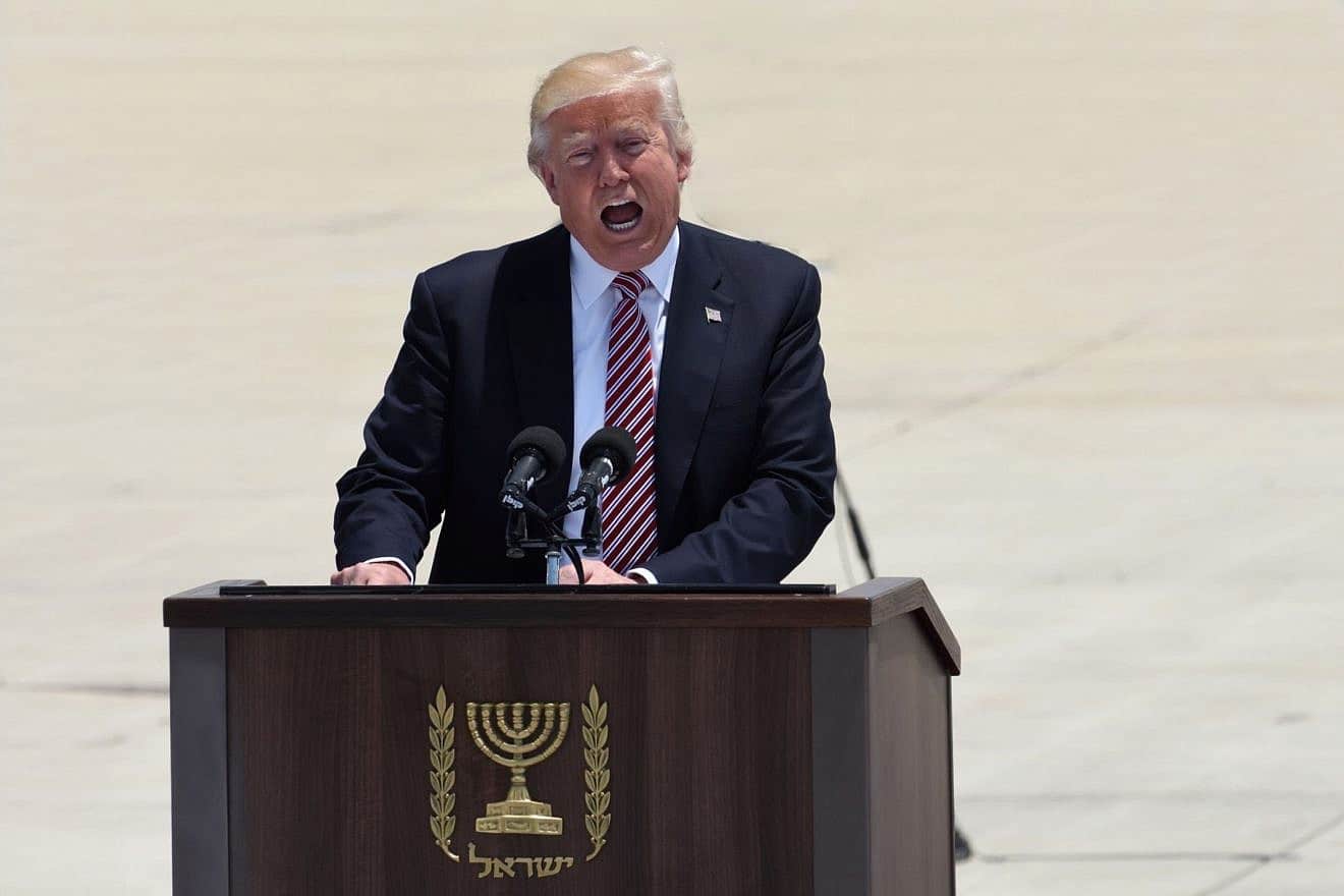 U.S. President Donald Trump carry a speech during an official welcoming ceremony on his arrival in Israel at Ben-Gurion International Airport, May, 22 2017. Credit: Muhammad Aamir Sumsum/Shutterstock.