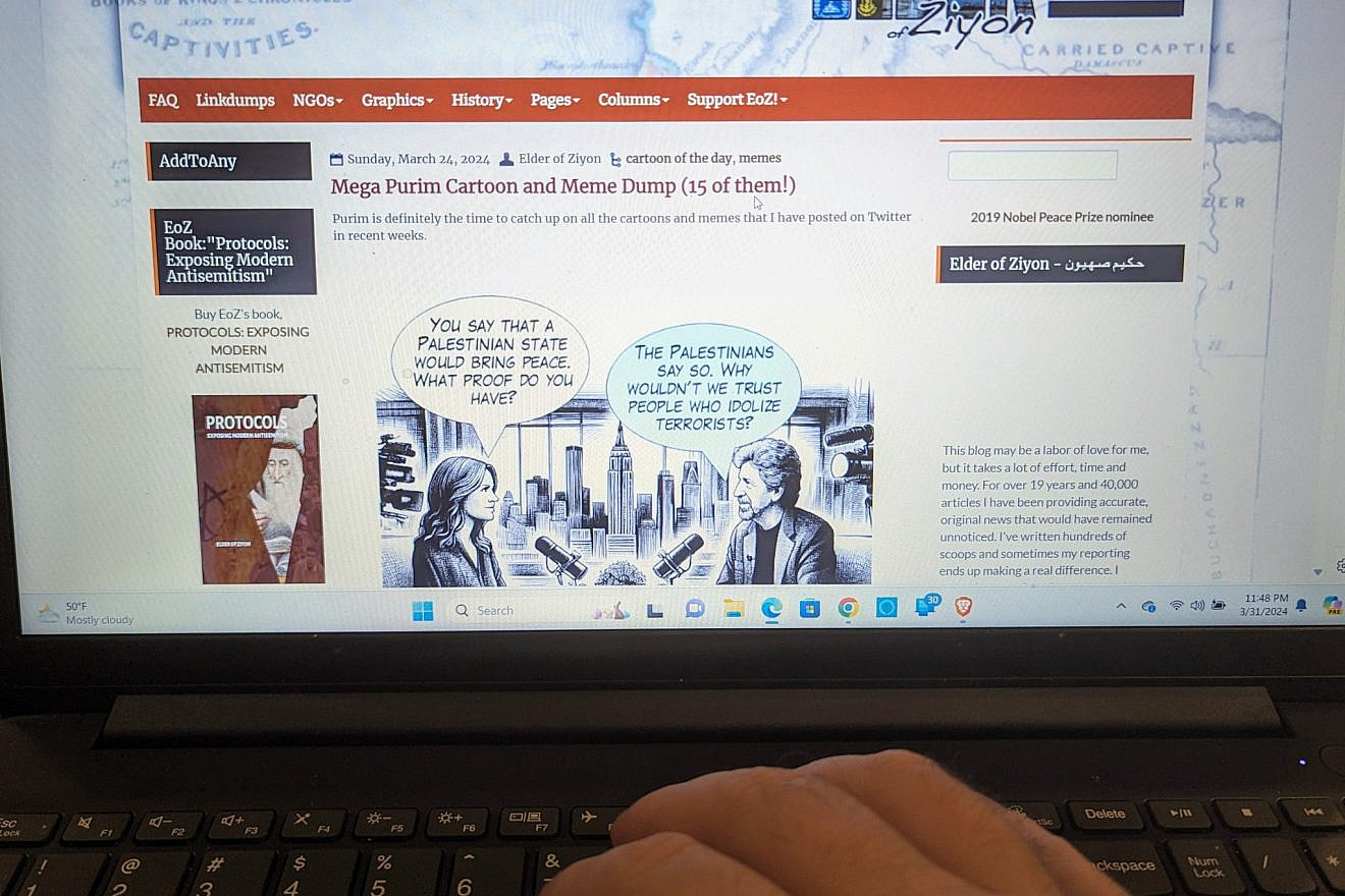 The anonymous blogger who goes by "Elder of Ziyon" types on his nearly 20-year-old website on March 31, 2024. Credit: Courtesy.