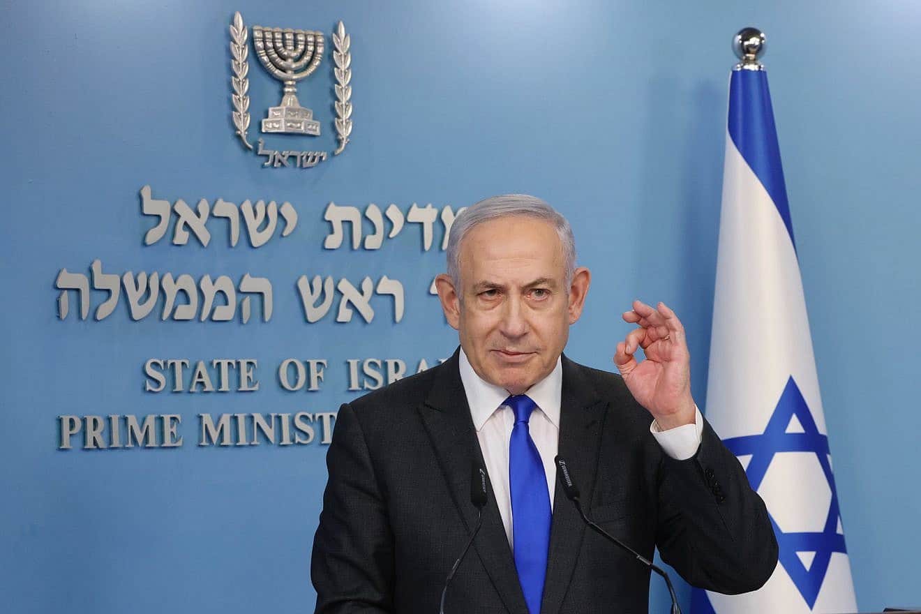 Israeli Prime Minister Benjamin Netanyahu speaks during a press conference in Jerusalem, March 31, 2024. Photo by Marc Israel Sellem/POOL.