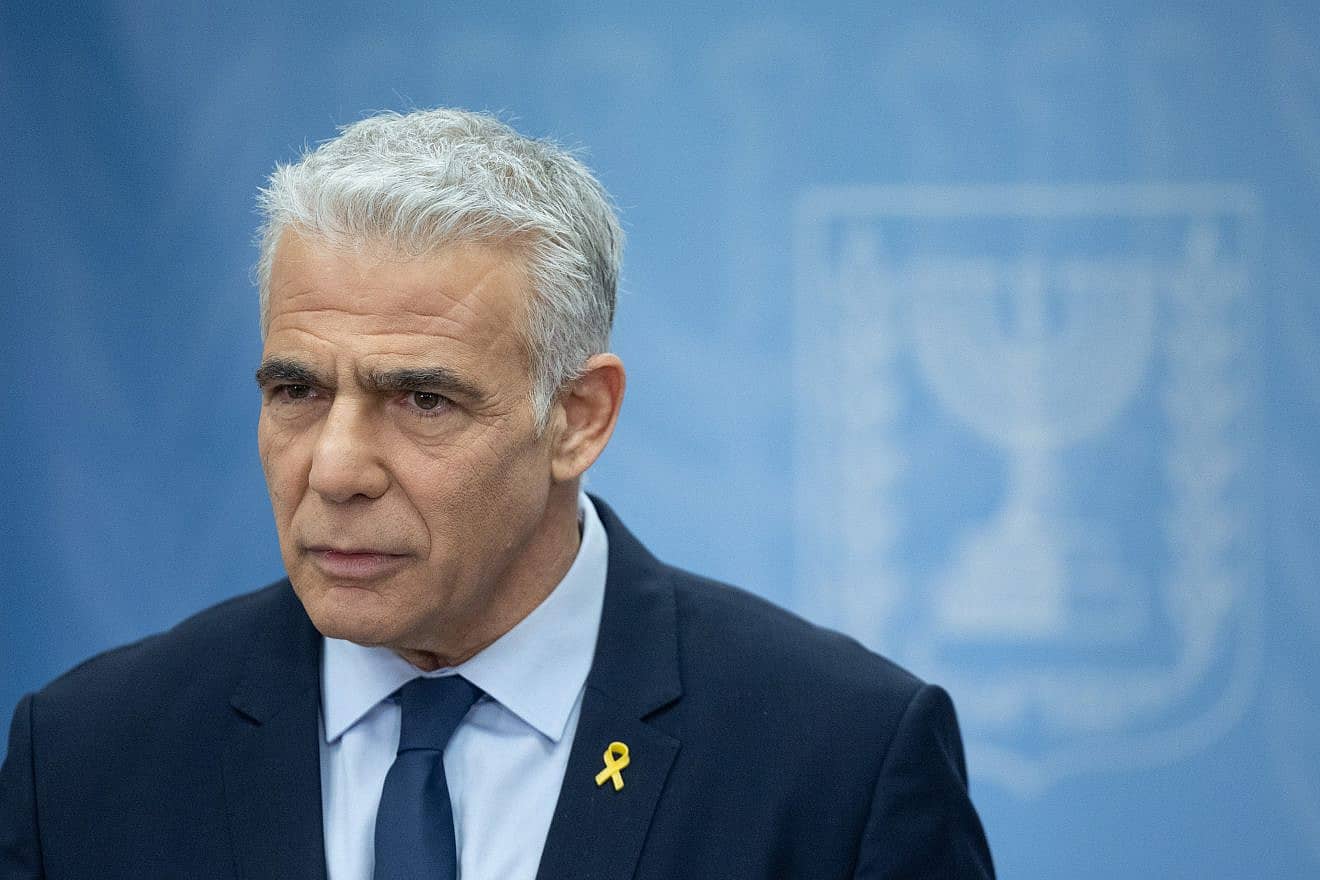 Yesh Atid Party leader Yair Lapid leads a faction meeting at the Knesset in Jerusalem, April 1, 2024. Photo by Yonatan Sindel/Flash90.