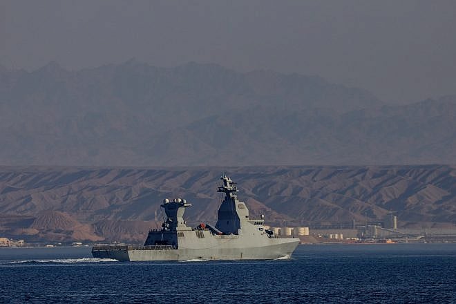 An Israeli Navy Sa'ar 6-class corvette with an Iron Dome aerial-defense battery patrols off the coast of Eilat, April 17, 2024. Photo by Jamal Awad/Flash90.