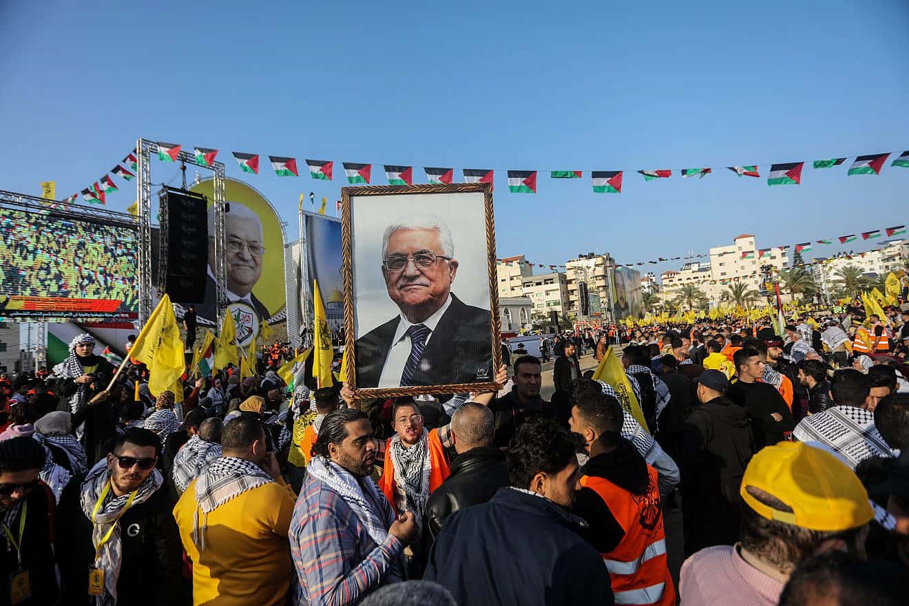 Fatah supporters in Gaza City celebrate the anniversary of the movement's founding, Dec. 31, 2022. Photo by Abed Rahim Khatib/Flash90.
