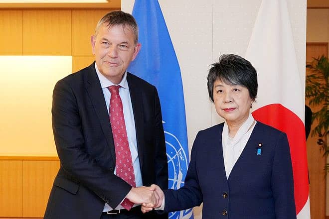 Japan's Foreign Minister Yoko Kamikawa, right, and UNRWA Commissioner General Philippe Lazzarini during a meeting in Tokyo, Japan on March 28, 2024. Source: X/Japan Ministry of Foreign Affairs.