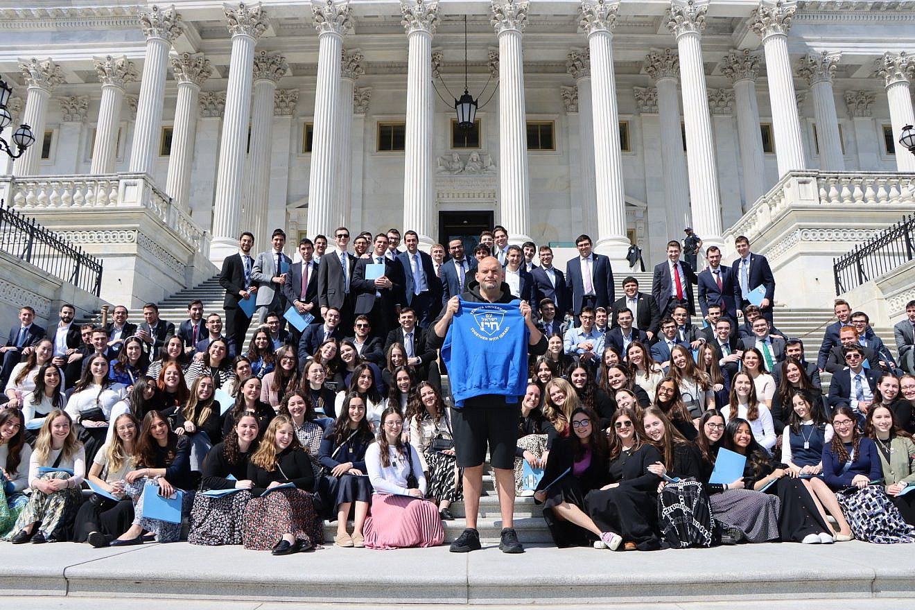 Sen. John Fetterman (D-Pa.) meets at the U.S. Capitol in Washington, D.C., with more than 100 Yeshiva University students in April 2024. Credit: Courtesy of the office of Sen. John Fetterman.
