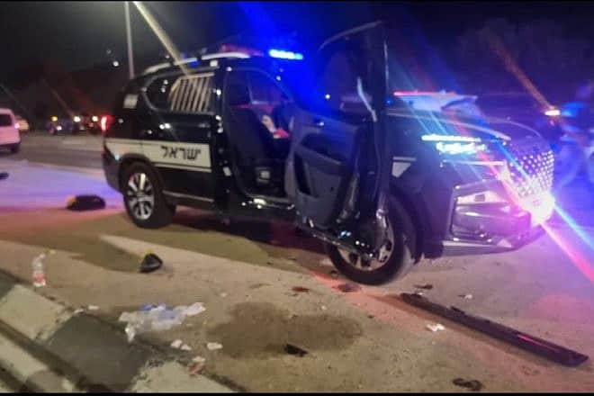Four Israel Police officers were injured in a vehicular assault close to the Kochav Yair Junction in central Israel, April 3, 2024. (Video screenshot)