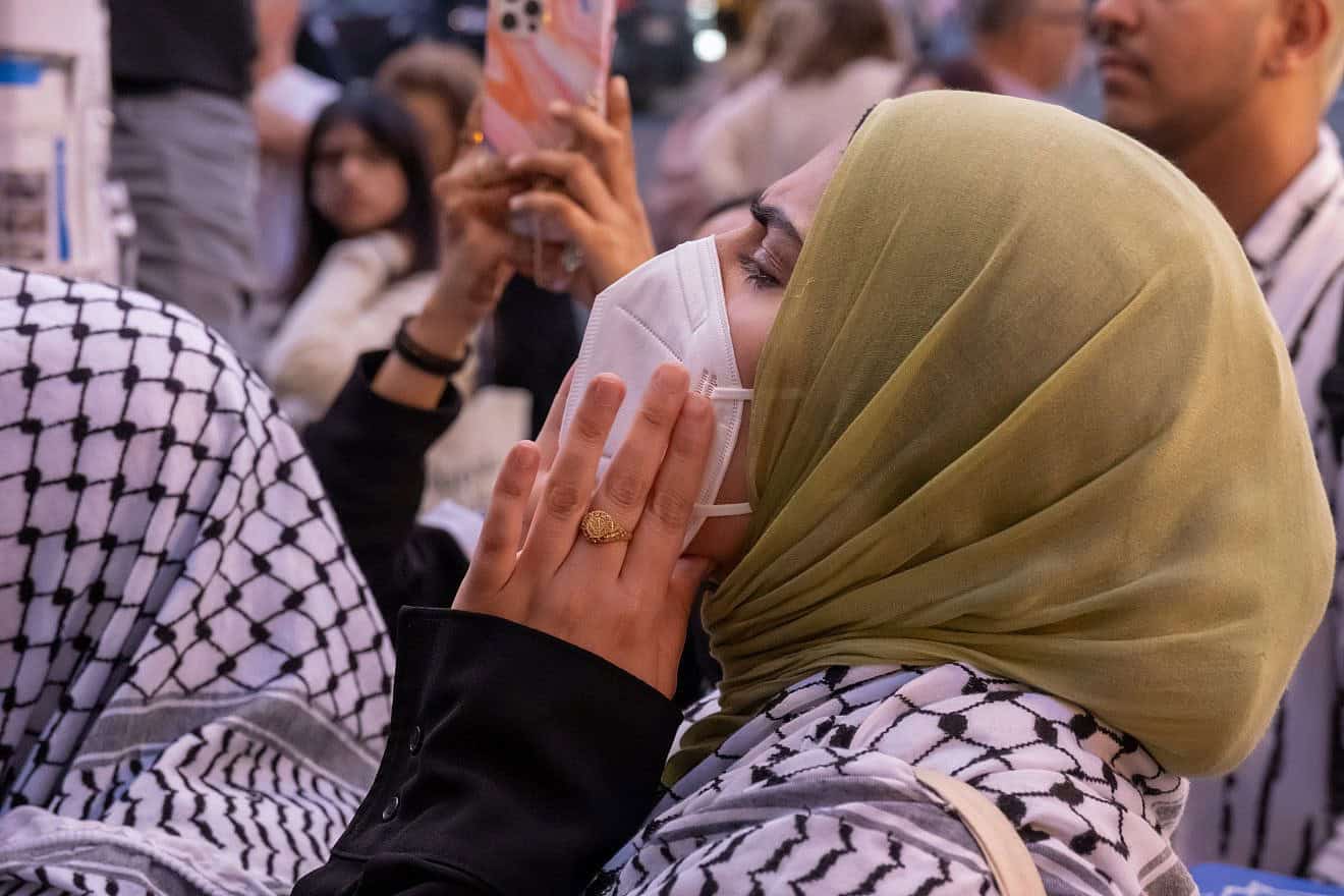 An anti-Israel protester outside the gates of Columbia University, Oct. 12, 2023. Photo by Syndi Pilar/Shutterstock.