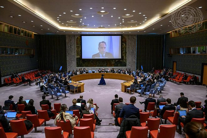 Ramesh Rajasingham, head of the U.N. Office for the Coordination of Humanitarian Affairs, on the screen as the United Nations Security Council meets on the "situation in the Middle East, including the Palestinian question," on April 5, 2024. Credit: Loey Felipe/U.N. Photo.