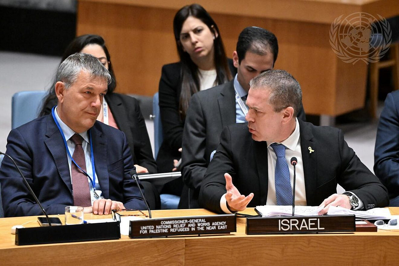 Gilad Erdan, Israeli ambassador to the United Nations, addresses the U.N. Security Council meeting on the situation in the Middle East, including the Palestinian question on April 17, 2024 alongside Philippe Lazzarini (left), commissioner-general of the U.N. Relief and Works Agency for Palestine Refugees in the Near East (UNRWA). Credit: Evan Schneider/U.N. Photo.