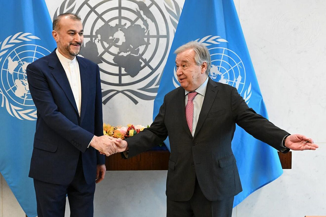 U.N. Secretary-General António Guterres (right) meets with Hossein Amir-Abdollahian, Minister for Foreign Affairs of the Islamic Republic of Iran, in New York, April 18, 2024  Credit: Evan Schneider/U.N. Photo.