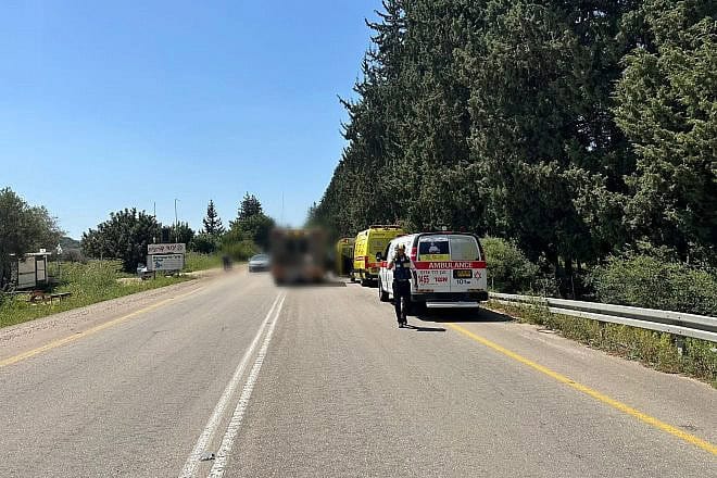 Medical and security personnel at the scene of a Hezbollah terrorist attack in Arab al-Aramshe in the Western Galilee, April 17, 2024. Credit: MDA.