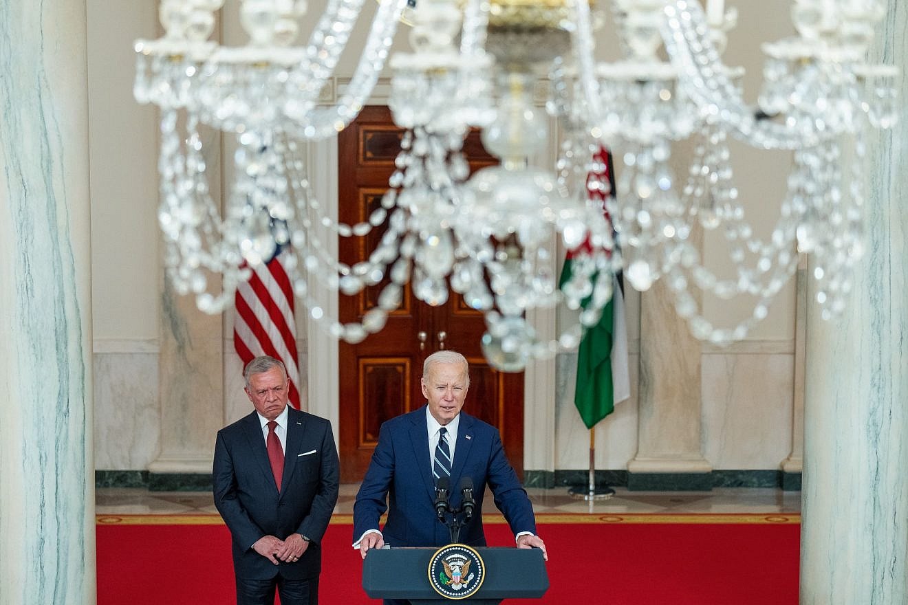 U.S. President Joe Biden and King Abdullah II of Jordan make statements to the press after their private meeting in the Cross Hall of the White House, on Feb. 12, 2024.
Credit: Oliver Contreras/White House.