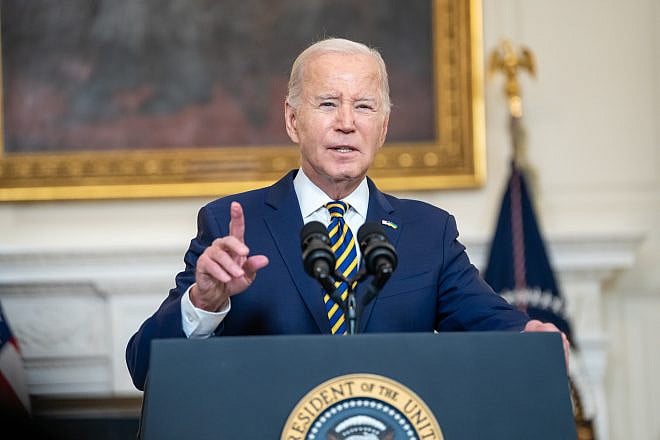 U.S. President Joe Biden delivers a televised statement urging Congress to pass the Emergency National Security Supplemental Appropriations Act in the State Dining Room of the White House, on Feb. 6, 2024. Credit: Adam Schultz/White House.
