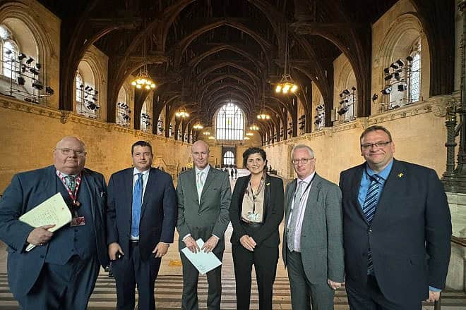 At Parliament in London are, from left, U.K. Special Envoy for Post-Holocaust Issues Lord Pickels, Israel Allies Foundation President Josh Reinstein, adviser to the U.K. Board of Trade Lord Hannan, MK Sharren Haskel, Lord Polak and Israel Allies Foundation Europe Director Leo van Doesburg, May 7, 2024. Credit: Courtesy.