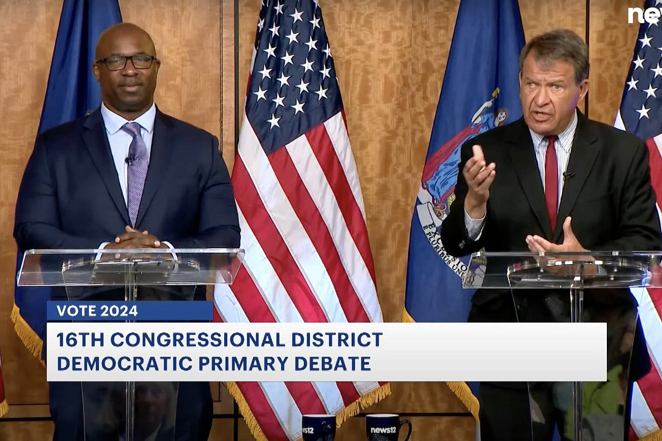 Rep. Jamaal Bowman (D-N.Y.) and Westchester County executive George Latimer (right) during the Democratic primary debate for New York's 16th Congressional District on May 13, 2024. Source: YouTube/Channel 12.
