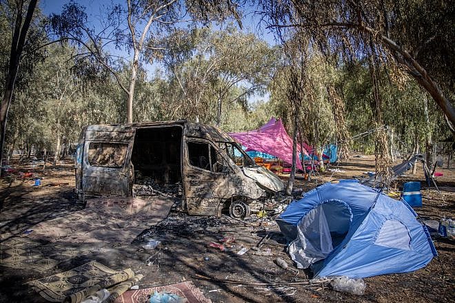 View of a burnt ambulance near the site of the Nova festival massacre in southern Israel, Oct. 12, 2023. Photo by Chaim Goldberg/Flash90.