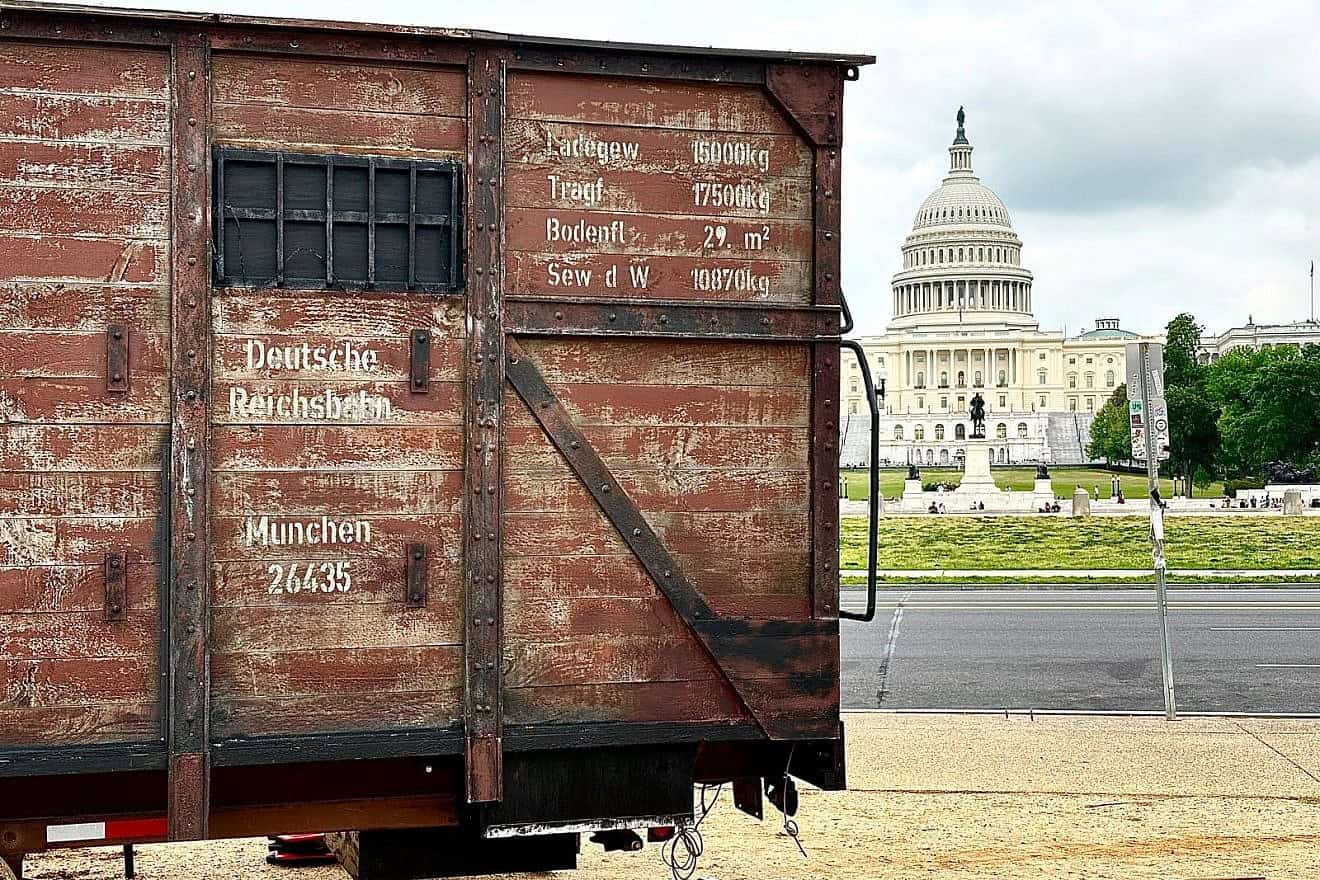 A World War II cattle car traveling exhibit teaching lessons of the Holocaust was stationed in Washington, D.C., from May 6-9, 2024. Credit: Courtesy of Hate Ends Now.