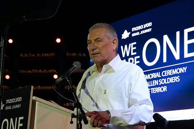 Maj. Gen. (res.) Doron Almog, chairman of the executive of the Jewish Agency for Israel, at the 16th annual Yom Hazikaron (Memorial Day) ceremony at Yad L’Shiryon in Latrun, Israel, on May 12, 2024. Credit: Courtesy of Masa Israel Journey.